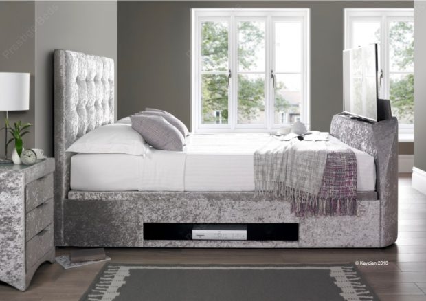 Barnard TV Ottoman Bed, TV showing, silver crushed velvet