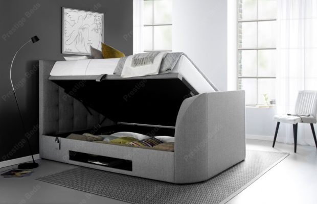 Barnard TV Ottoman Bed , open, Artemis Light Grey