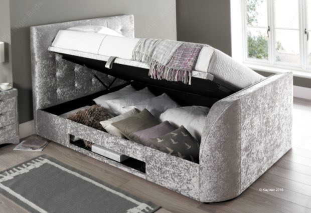 Barnard TV Ottoman Bed, side lift open silver crushed velvet